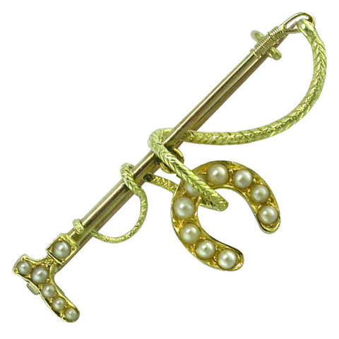Yellow Gold Pearl Horse Shoe Stock Pin